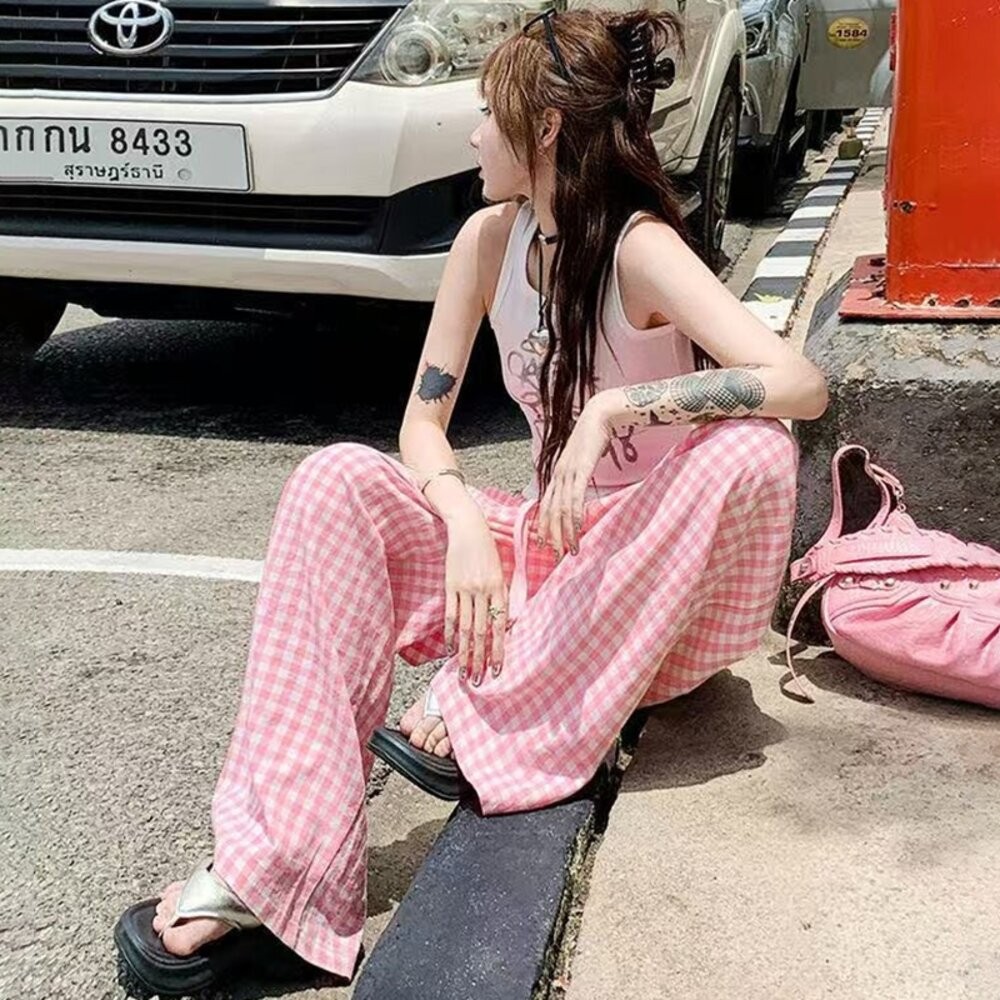 【台灣發貨】韓版薄款垂墜感格紋褲 寬褲 褲子 女裝【P378】-細節圖3