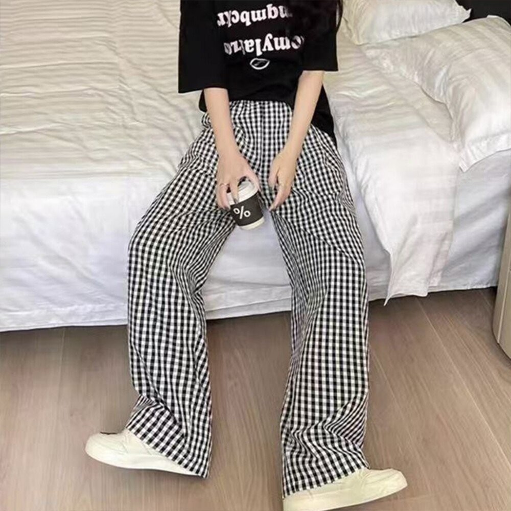 【台灣發貨】韓版薄款垂墜感格紋褲 寬褲 褲子 女裝【P378】-細節圖4