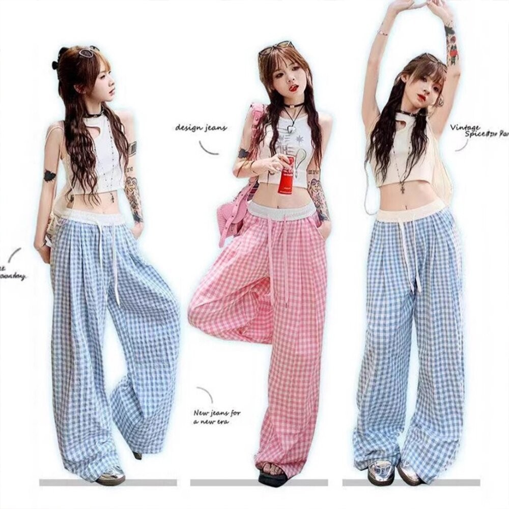 【台灣發貨】韓版薄款垂墜感格紋褲 寬褲 褲子 女裝【P378】-細節圖6