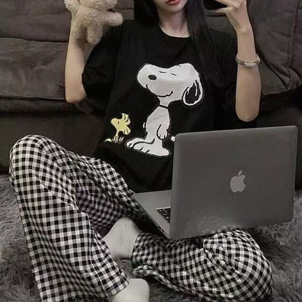 【台灣發貨】韓版薄款垂墜感格紋褲 寬褲 褲子 女裝【P378】-細節圖7