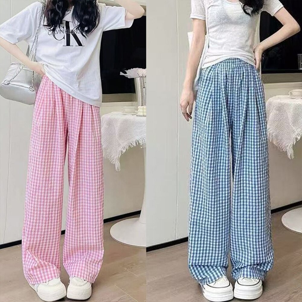 【台灣發貨】韓版薄款垂墜感格紋褲 寬褲 褲子 女裝【P378】-細節圖8