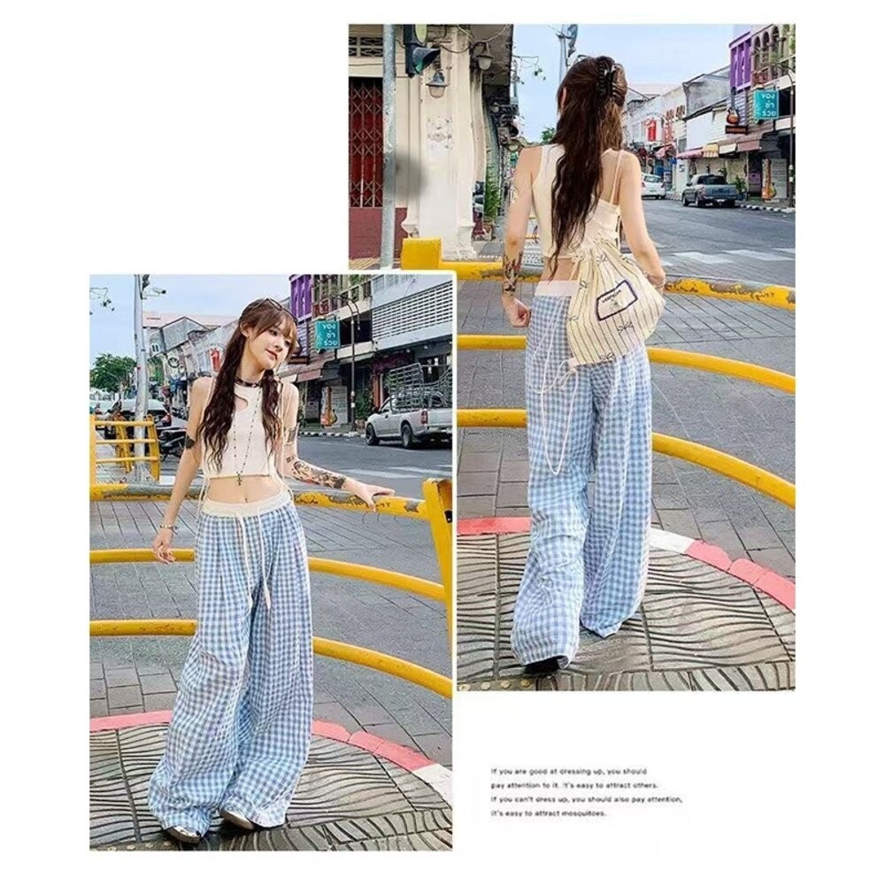 【台灣發貨】韓版薄款垂墜感格紋褲 寬褲 褲子 女裝【P378】-細節圖9