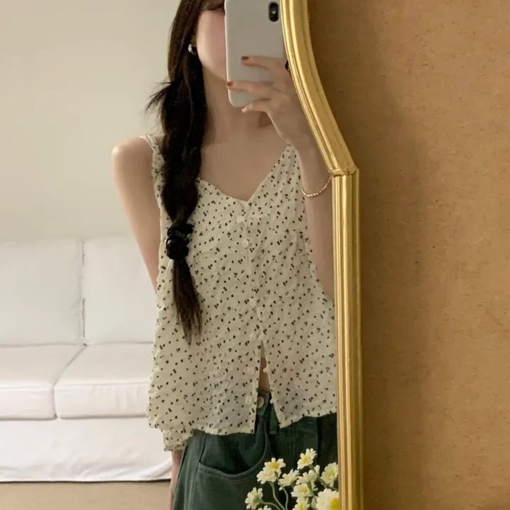 【台灣發貨】韓版法式夏天女裝復古薄款小碎花背心 小可愛 背心 衣服 女裝 上衣【V427】-細節圖2
