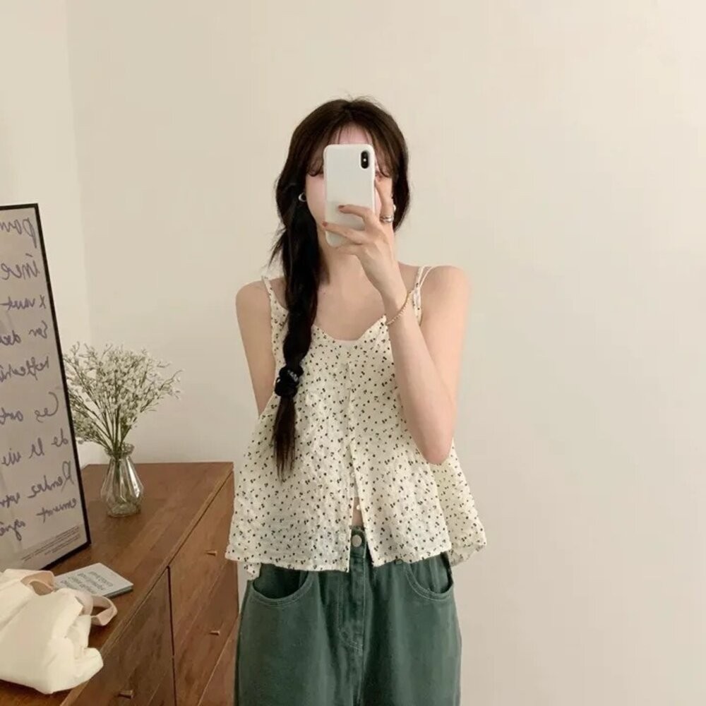 【台灣發貨】韓版法式夏天女裝復古薄款小碎花背心 小可愛 背心 衣服 女裝 上衣【V427】-細節圖6