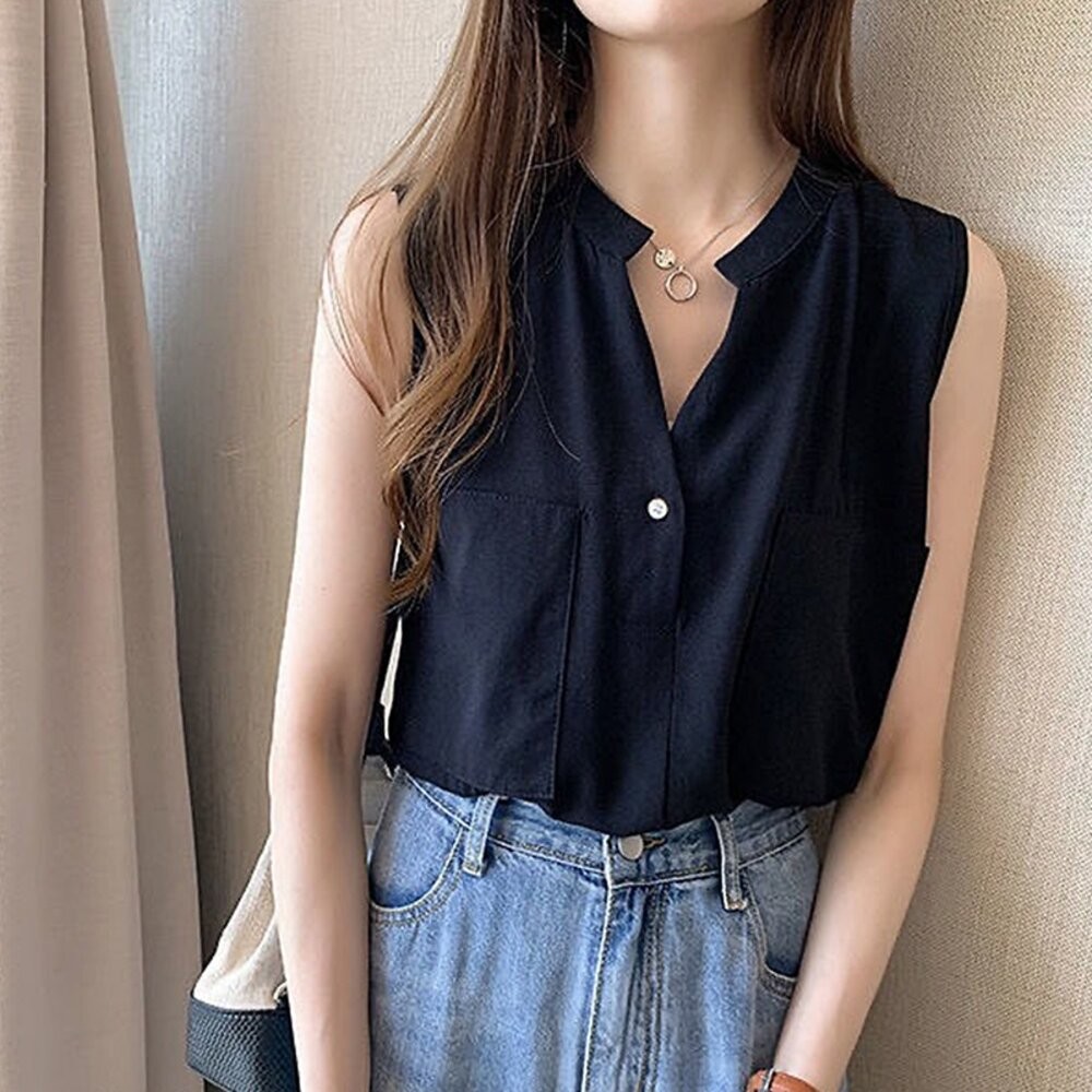 【台灣發貨】韓版氣質無袖襯衫 小可愛 背心 衣服 女裝 上衣【V426】-細節圖5