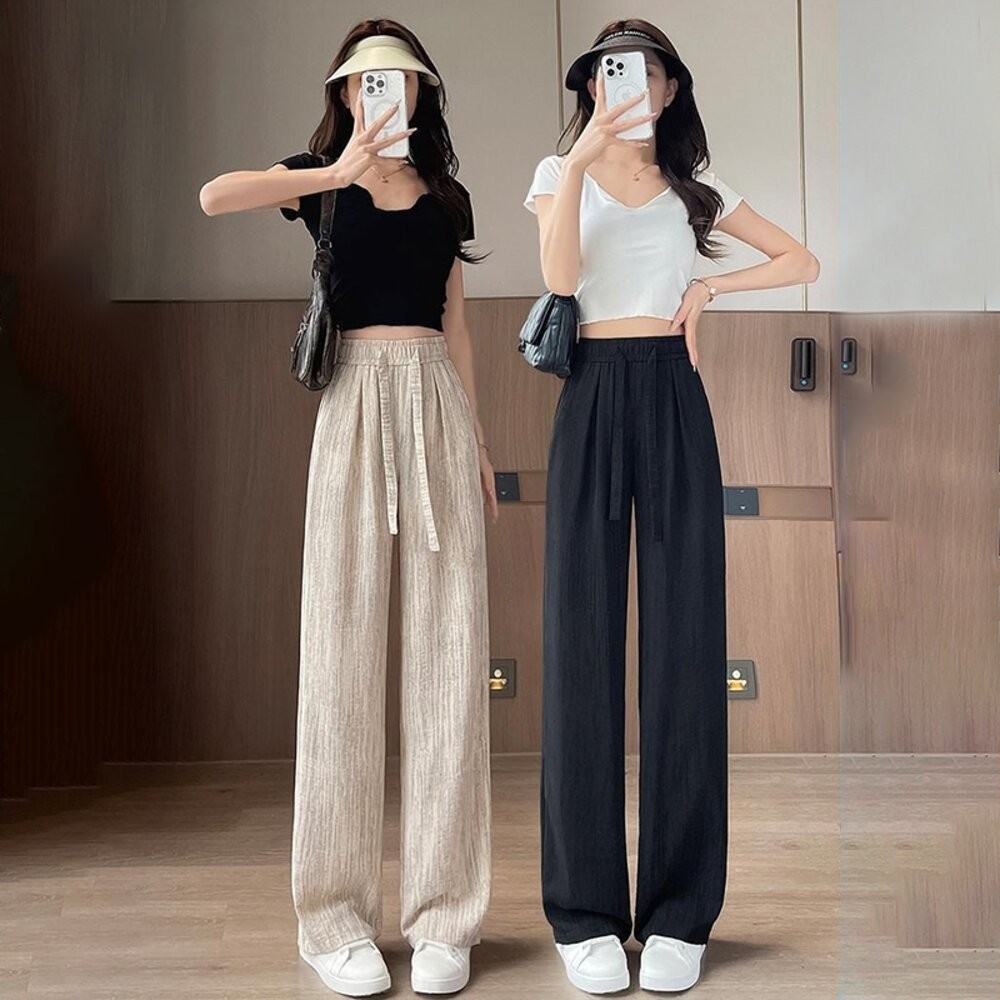 【台灣發貨】韓版冰絲垂感高腰寬褲 寬褲 褲子 女裝【P385】-細節圖5