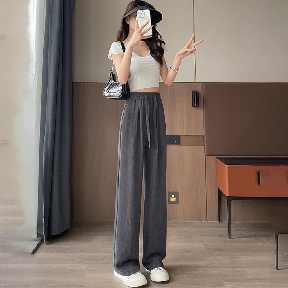 【台灣發貨】韓版冰絲垂感高腰寬褲 寬褲 褲子 女裝【P385】-細節圖7
