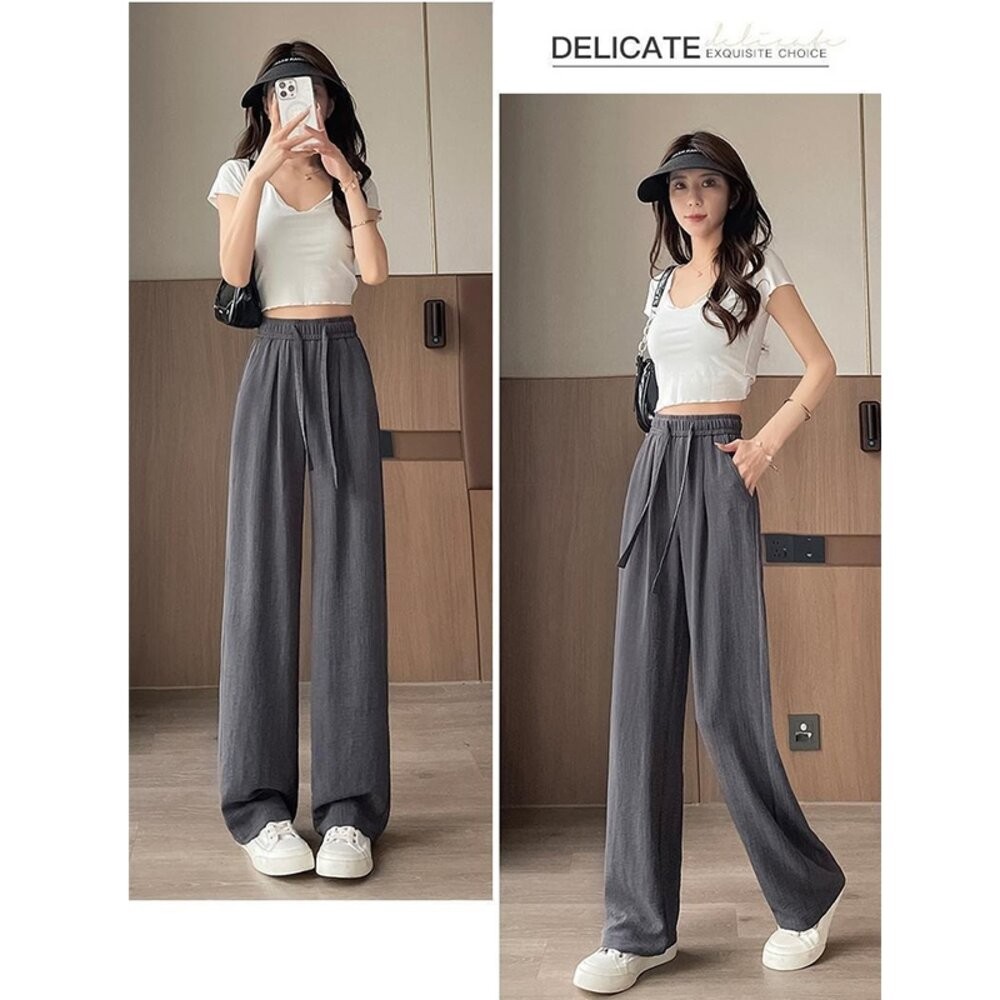 【台灣發貨】韓版冰絲垂感高腰寬褲 寬褲 褲子 女裝【P385】-細節圖9