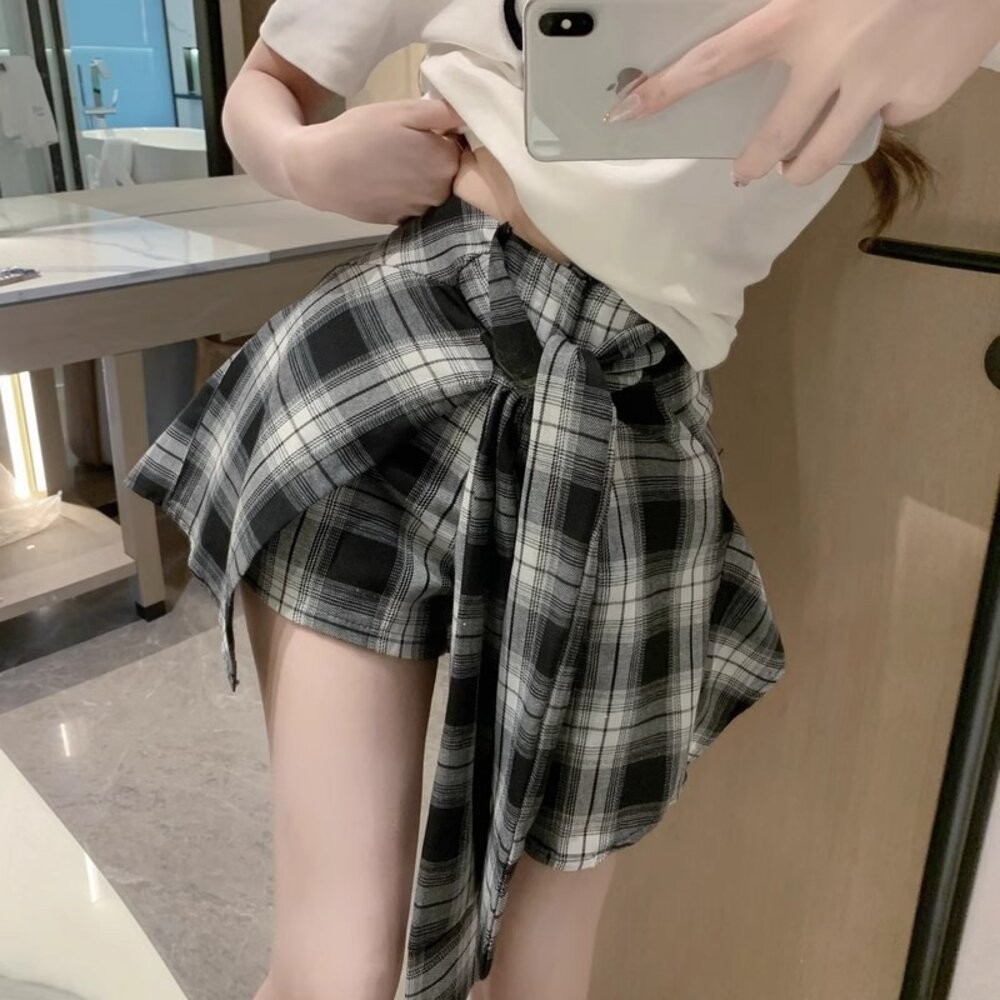 【台灣發貨】韓版不規則復古格紋半身裙 裙子 褲裙 長裙 女裝【P379】-細節圖3