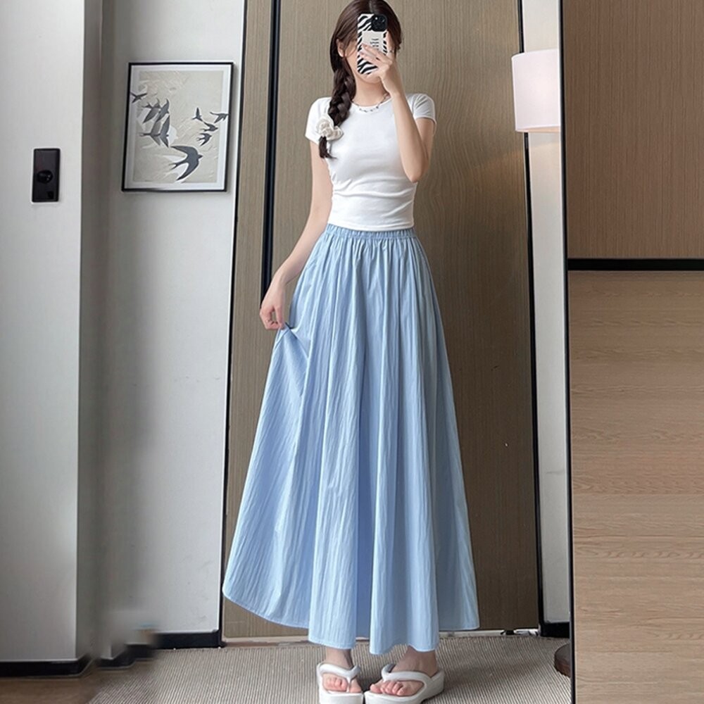 【台灣發貨】韓版大擺肌理感褶皺半身裙 裙子 褲裙 長裙 女裝【P375】-細節圖5