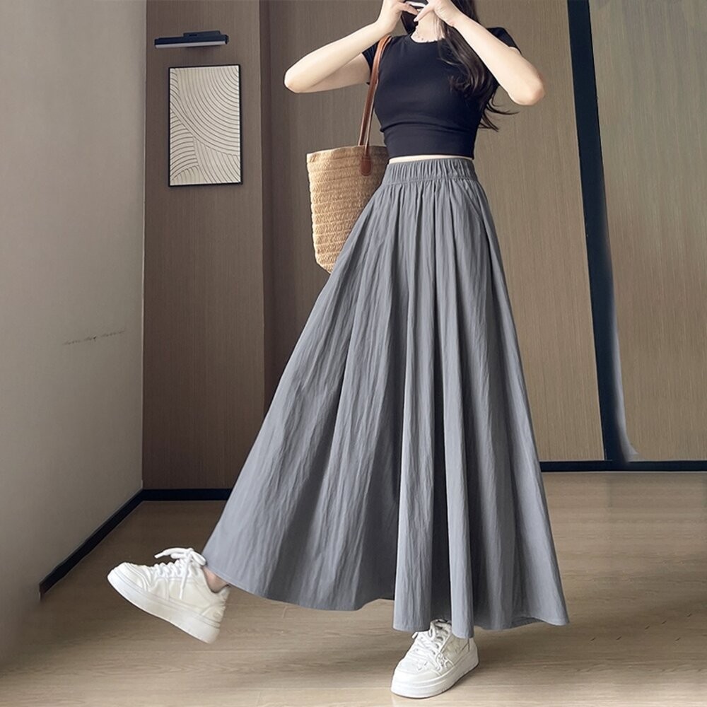 【台灣發貨】韓版大擺肌理感褶皺半身裙 裙子 褲裙 長裙 女裝【P375】-細節圖7