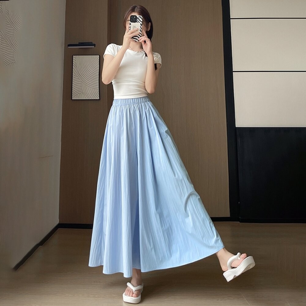 【台灣發貨】韓版大擺肌理感褶皺半身裙 裙子 褲裙 長裙 女裝【P375】-細節圖9