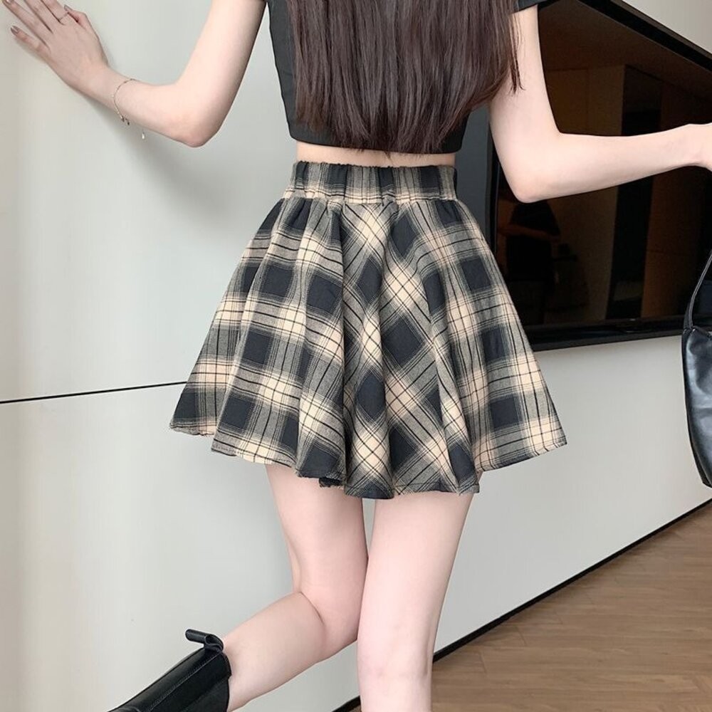 【台灣發貨】韓版高腰不規則復古格紋半身裙女 裙子 褲裙 長裙 女裝 【P379】-細節圖2