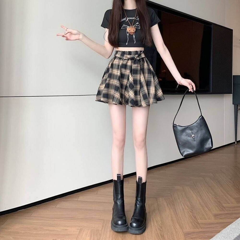 【台灣發貨】韓版高腰不規則復古格紋半身裙女 裙子 褲裙 長裙 女裝 【P379】-細節圖4