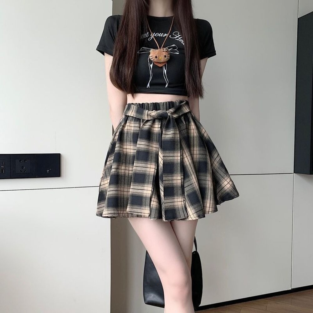 【台灣發貨】韓版高腰不規則復古格紋半身裙女 裙子 褲裙 長裙 女裝 【P379】-細節圖6