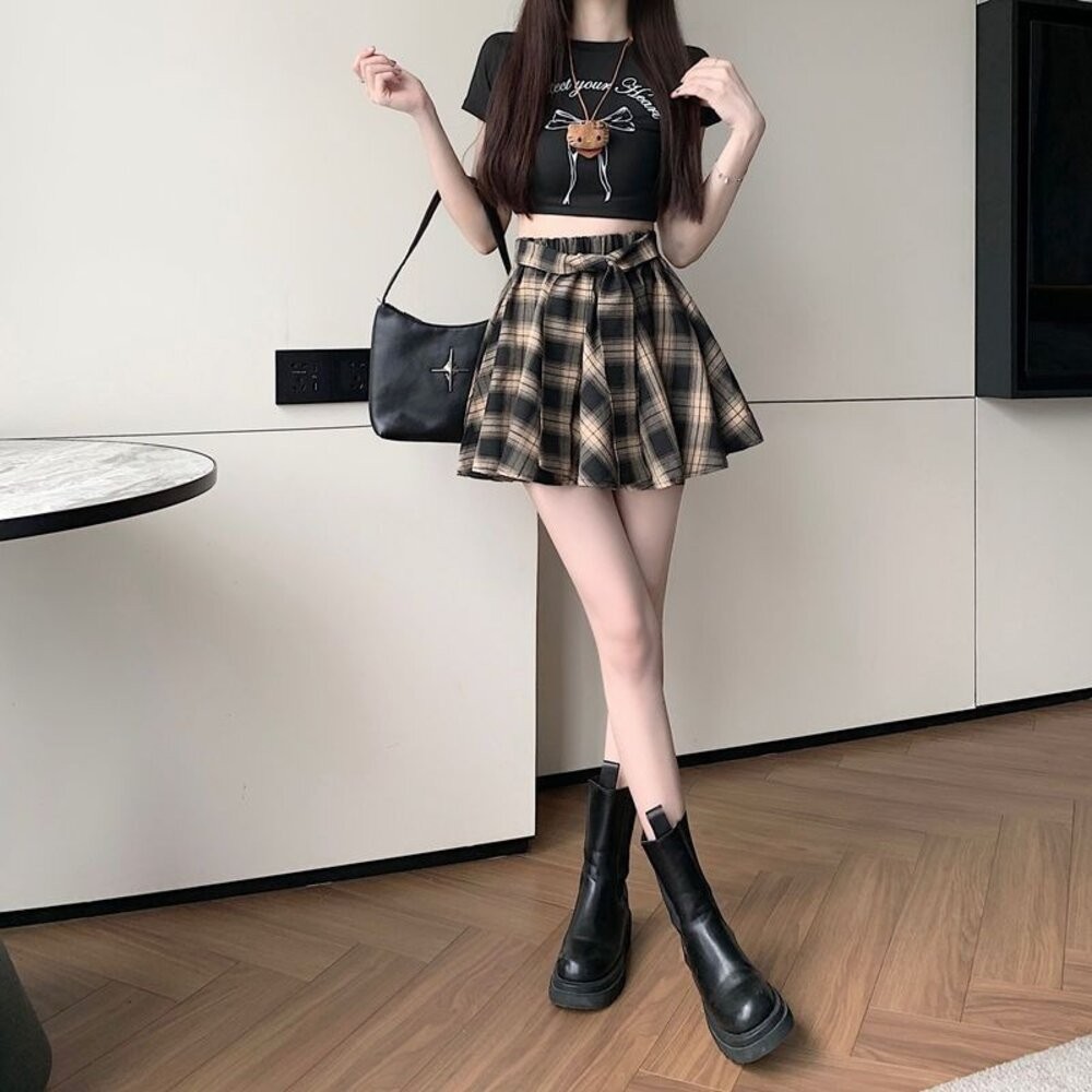 【台灣發貨】韓版高腰不規則復古格紋半身裙女 裙子 褲裙 長裙 女裝 【P379】-細節圖8