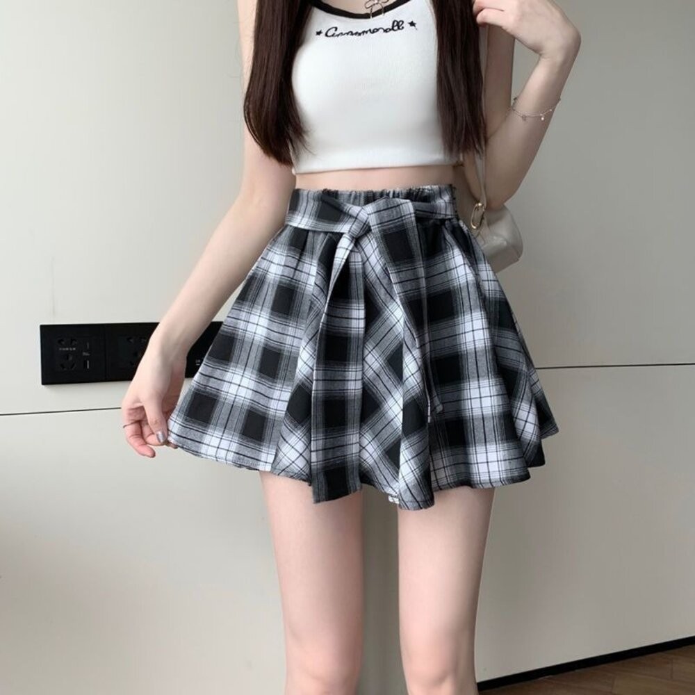 【台灣發貨】韓版高腰不規則復古格紋半身裙女 裙子 褲裙 長裙 女裝 【P379】-細節圖9