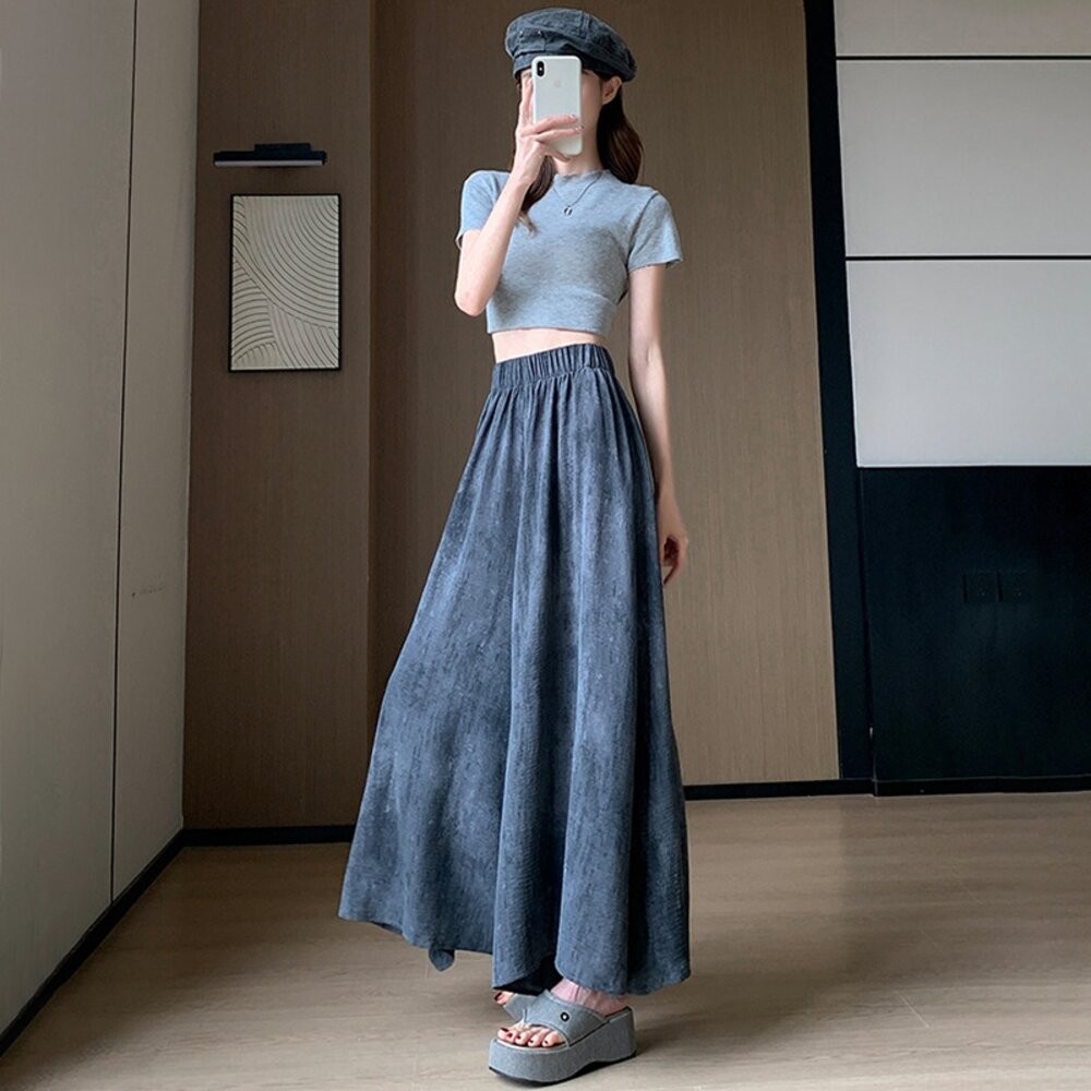 【台灣發貨】韓版寬鬆休閒冰絲水墨半身褲裙 裙子 褲裙 長裙 女裝【P371】-細節圖5