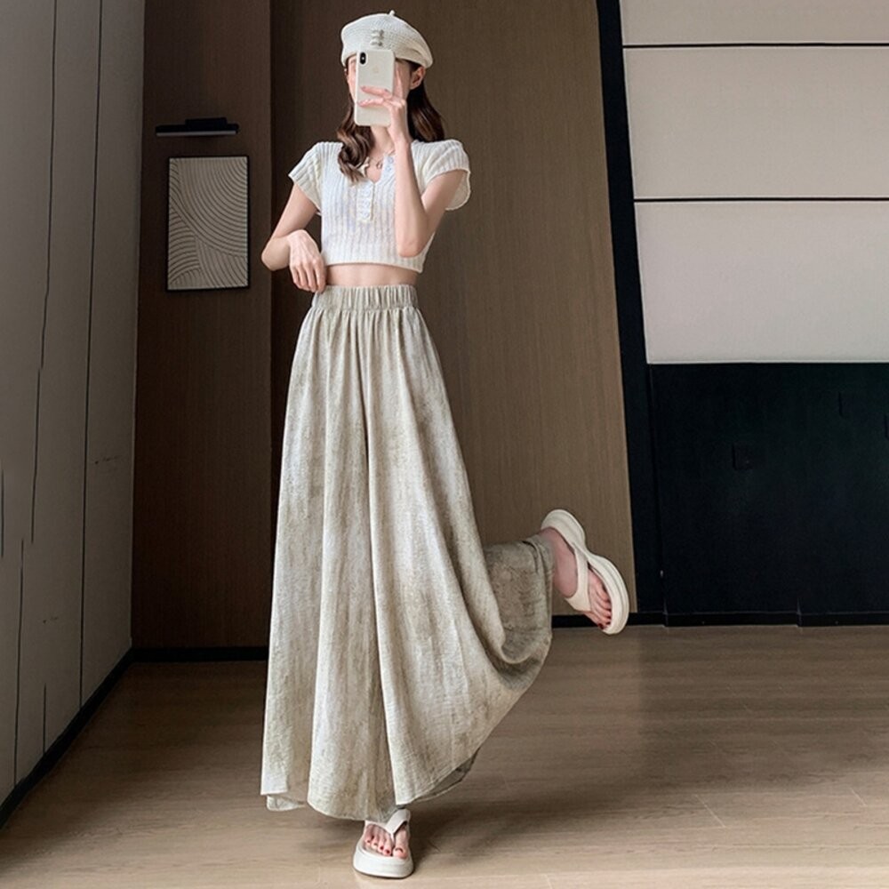 【台灣發貨】韓版寬鬆休閒冰絲水墨半身褲裙 裙子 褲裙 長裙 女裝【P371】-細節圖6