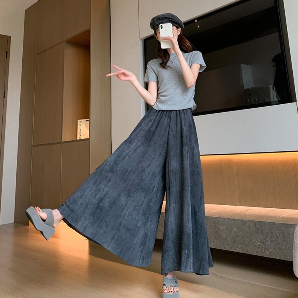 【台灣發貨】韓版寬鬆休閒冰絲水墨半身褲裙 裙子 褲裙 長裙 女裝【P371】-細節圖8