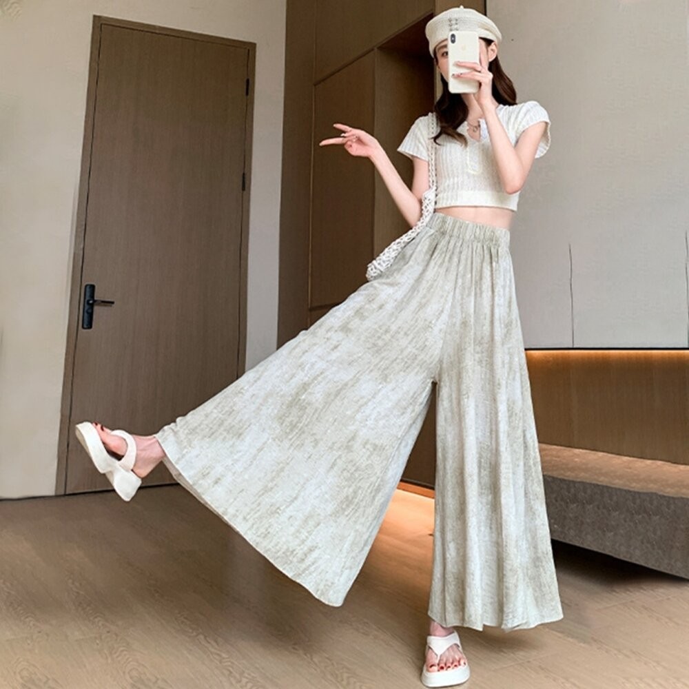 【台灣發貨】韓版寬鬆休閒冰絲水墨半身褲裙 裙子 褲裙 長裙 女裝【P371】-細節圖9