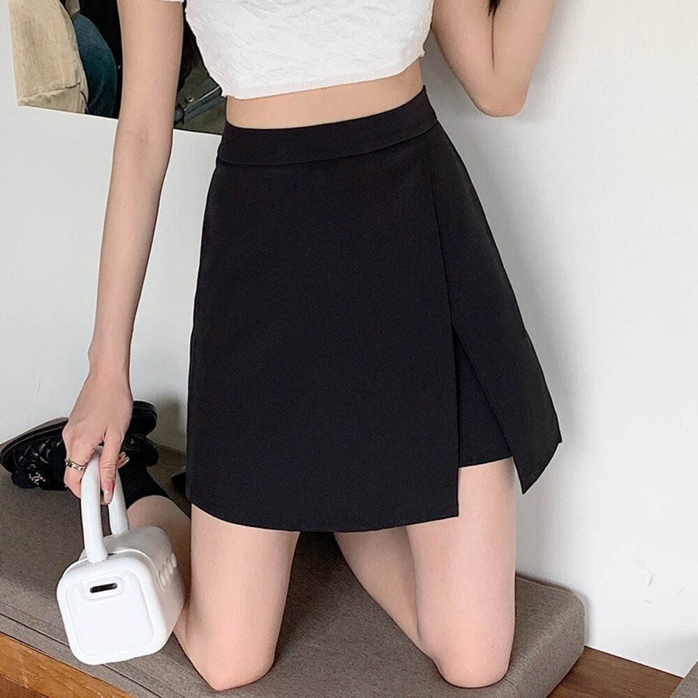 【台灣發貨】韓版高腰顯瘦不規則黑色開叉半身裙 裙子 褲裙 長裙 女裝【P370】-細節圖2