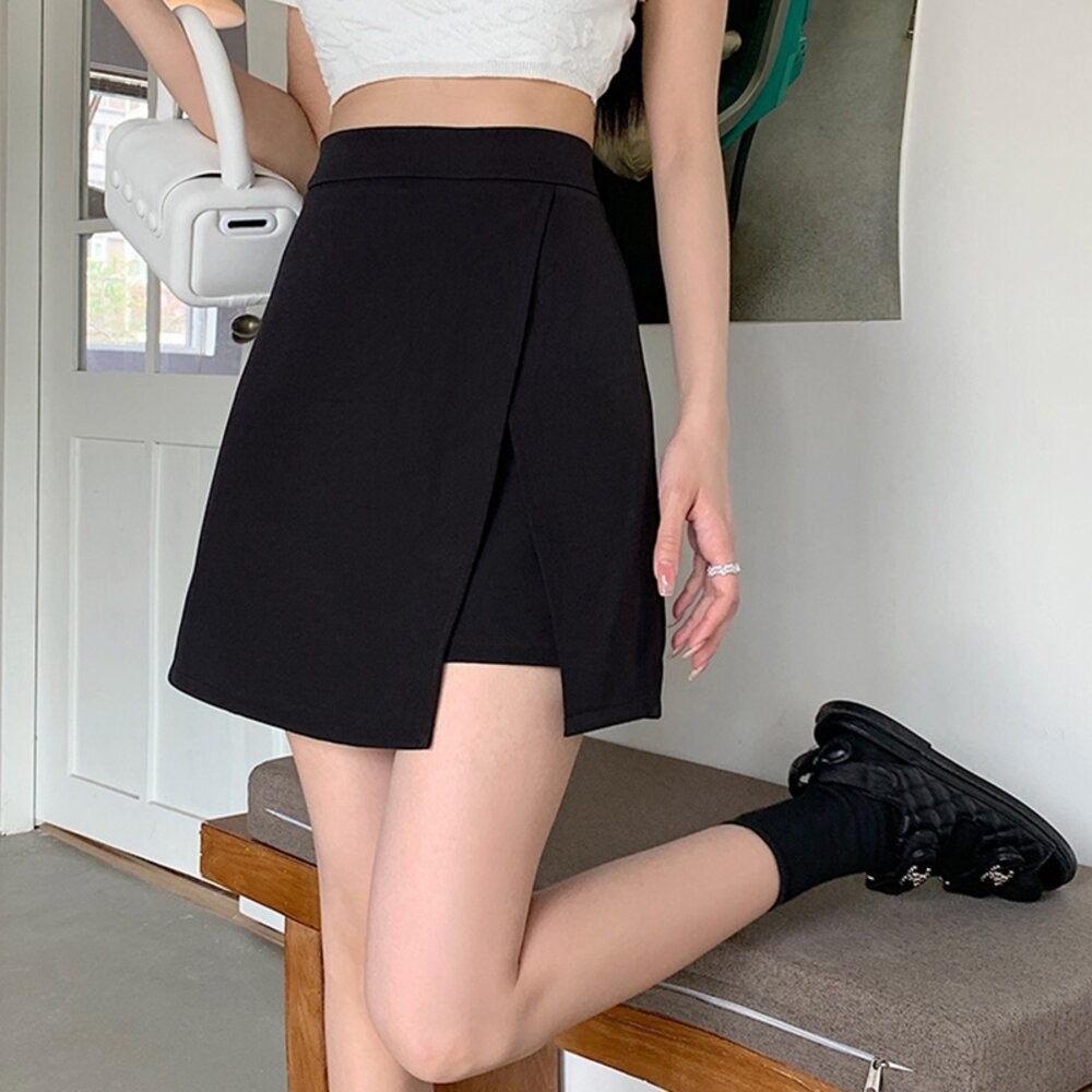 【台灣發貨】韓版高腰顯瘦不規則黑色開叉半身裙 裙子 褲裙 長裙 女裝【P370】-細節圖4