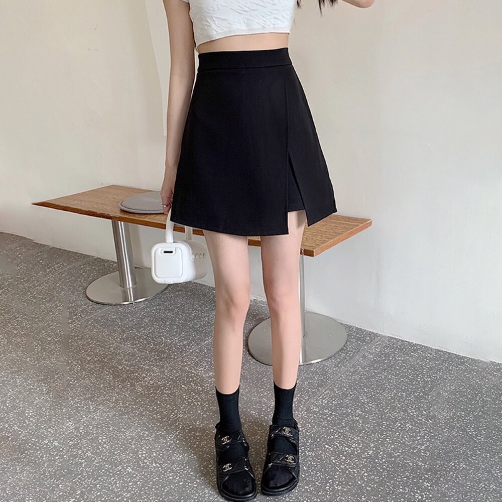 【台灣發貨】韓版高腰顯瘦不規則黑色開叉半身裙 裙子 褲裙 長裙 女裝【P370】-細節圖5