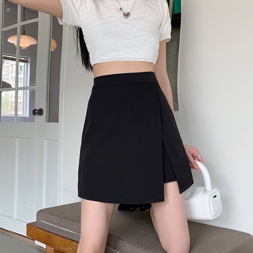 【台灣發貨】韓版高腰顯瘦不規則黑色開叉半身裙 裙子 褲裙 長裙 女裝【P370】-細節圖6