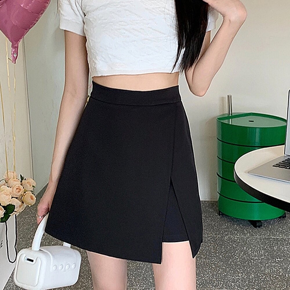 【台灣發貨】韓版高腰顯瘦不規則黑色開叉半身裙 裙子 褲裙 長裙 女裝【P370】-細節圖7