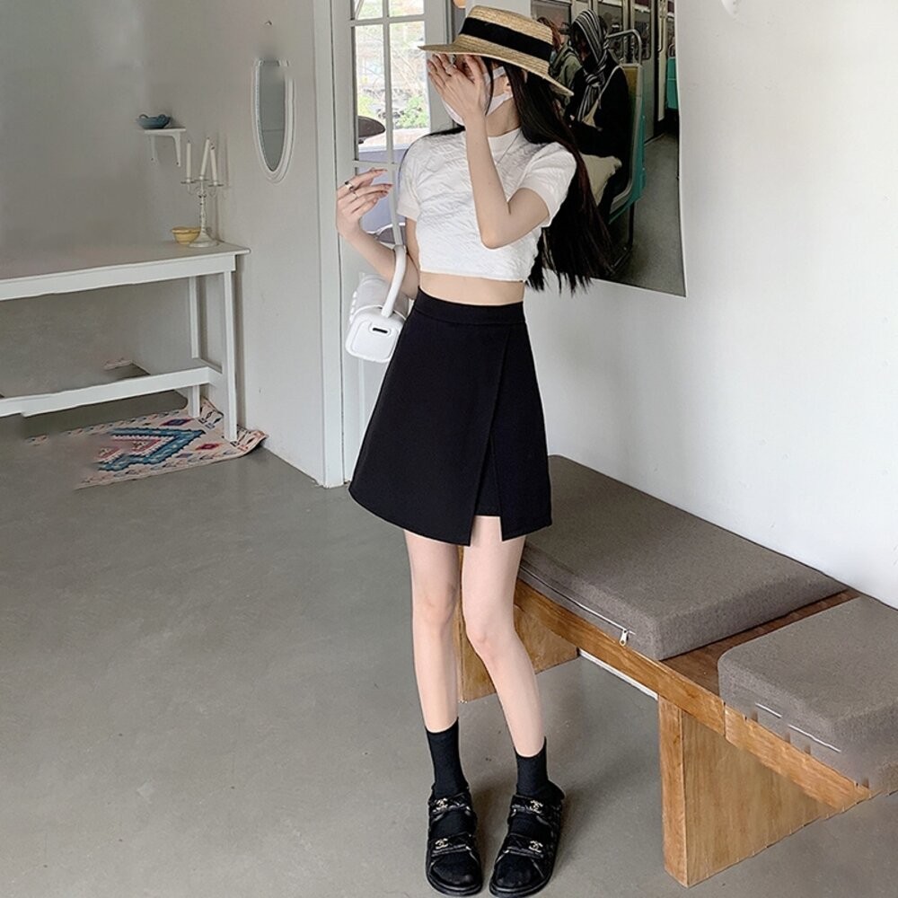 【台灣發貨】韓版高腰顯瘦不規則黑色開叉半身裙 裙子 褲裙 長裙 女裝【P370】-細節圖8