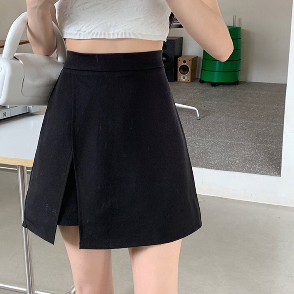 【台灣發貨】韓版高腰顯瘦不規則黑色開叉半身裙 裙子 褲裙 長裙 女裝【P370】-細節圖9