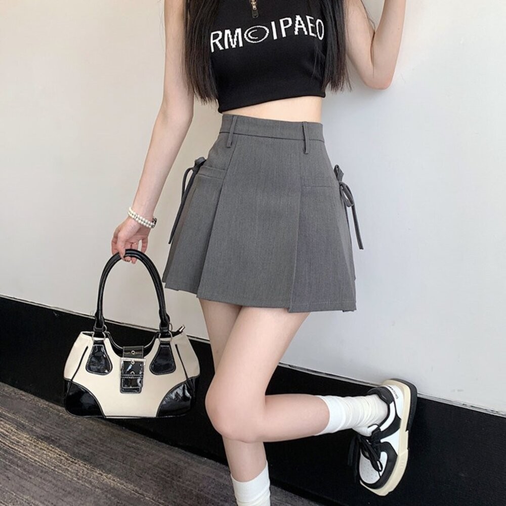 【台灣發貨】韓版高腰顯瘦灰色短裙 裙子 褲裙 長裙 女裝【P369】-細節圖2