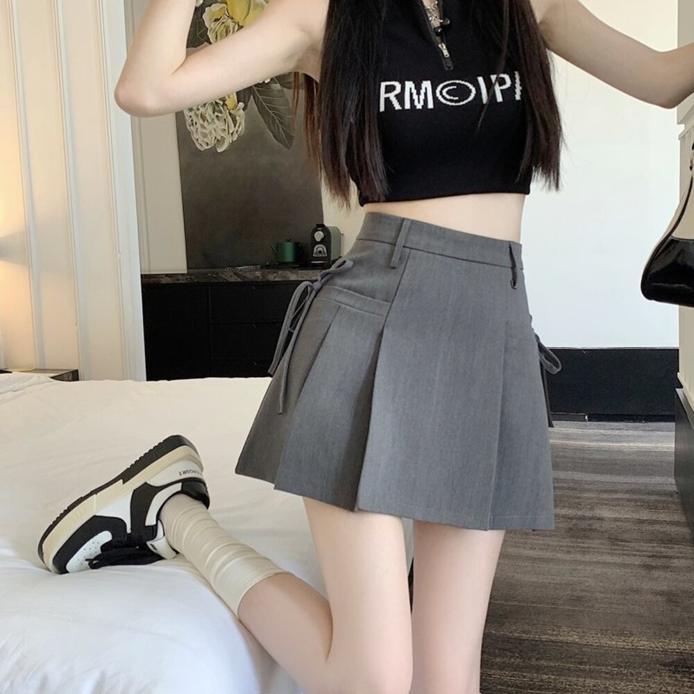 【台灣發貨】韓版高腰顯瘦灰色短裙 裙子 褲裙 長裙 女裝【P369】-細節圖4