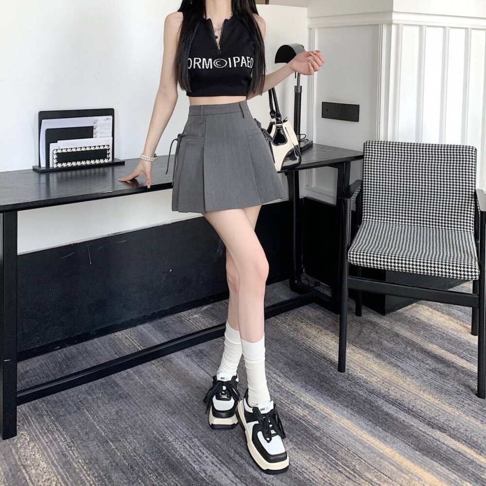 【台灣發貨】韓版高腰顯瘦灰色短裙 裙子 褲裙 長裙 女裝【P369】-細節圖5