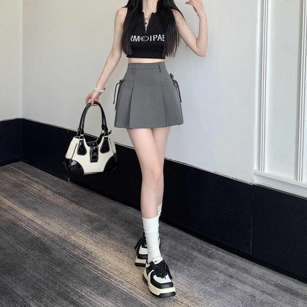 【台灣發貨】韓版高腰顯瘦灰色短裙 裙子 褲裙 長裙 女裝【P369】-細節圖6