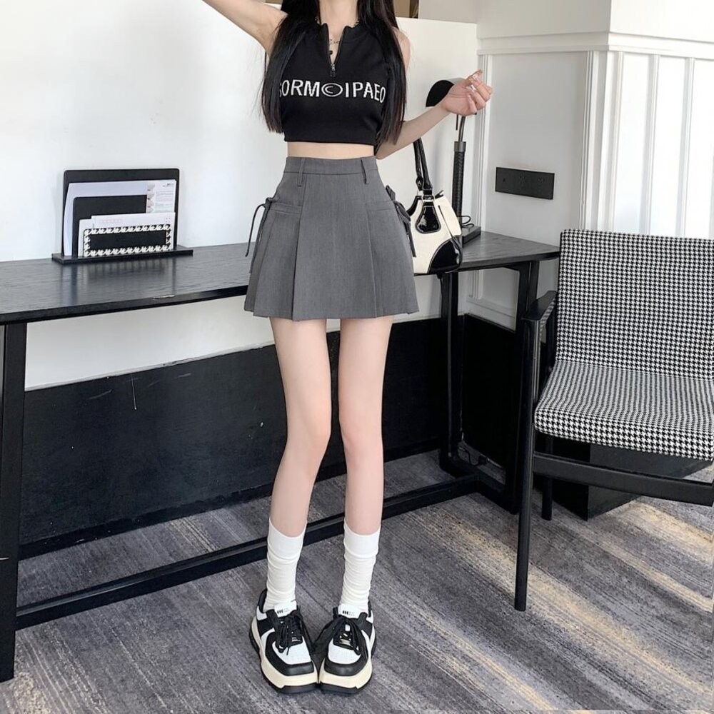 【台灣發貨】韓版高腰顯瘦灰色短裙 裙子 褲裙 長裙 女裝【P369】-細節圖7