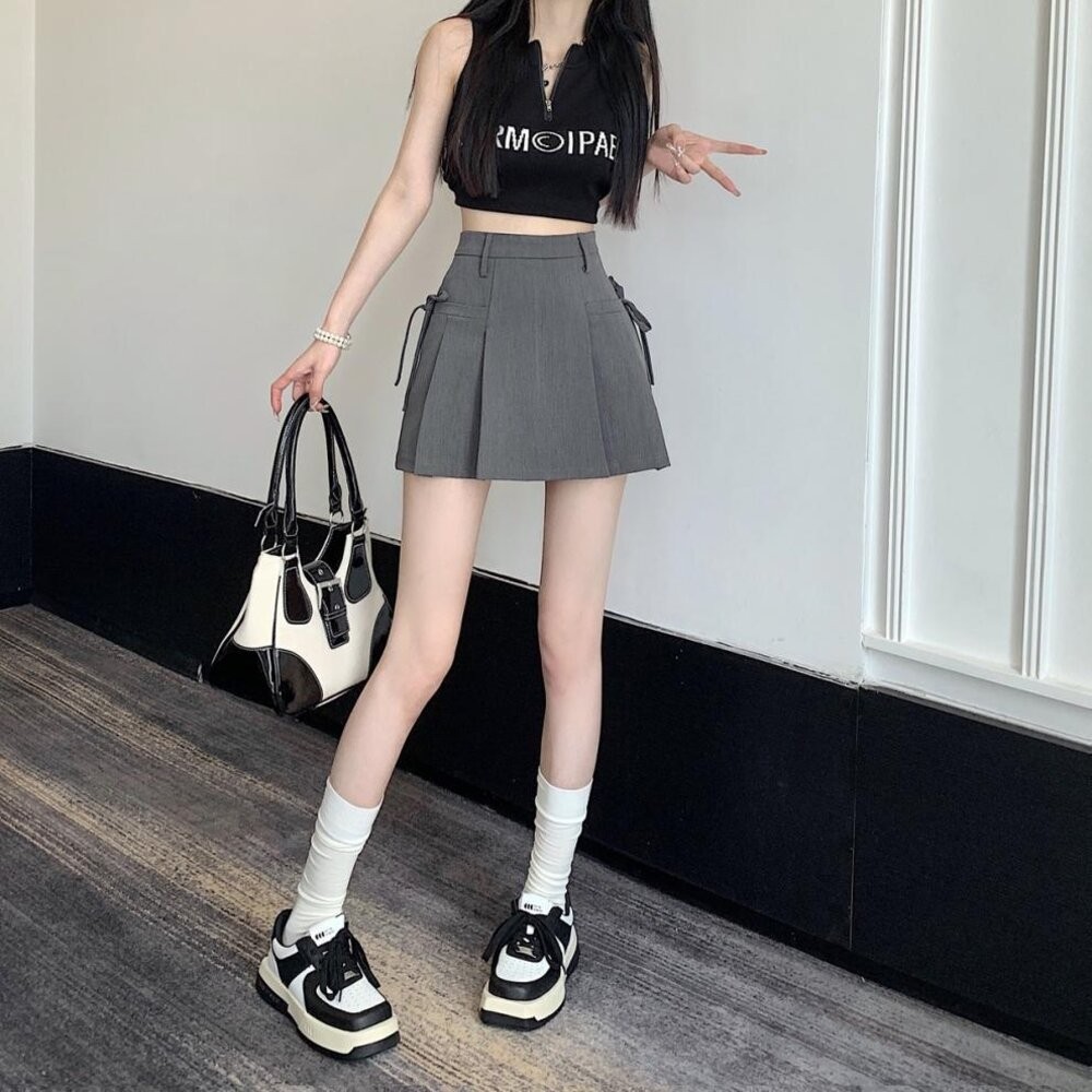 【台灣發貨】韓版高腰顯瘦灰色短裙 裙子 褲裙 長裙 女裝【P369】-細節圖8