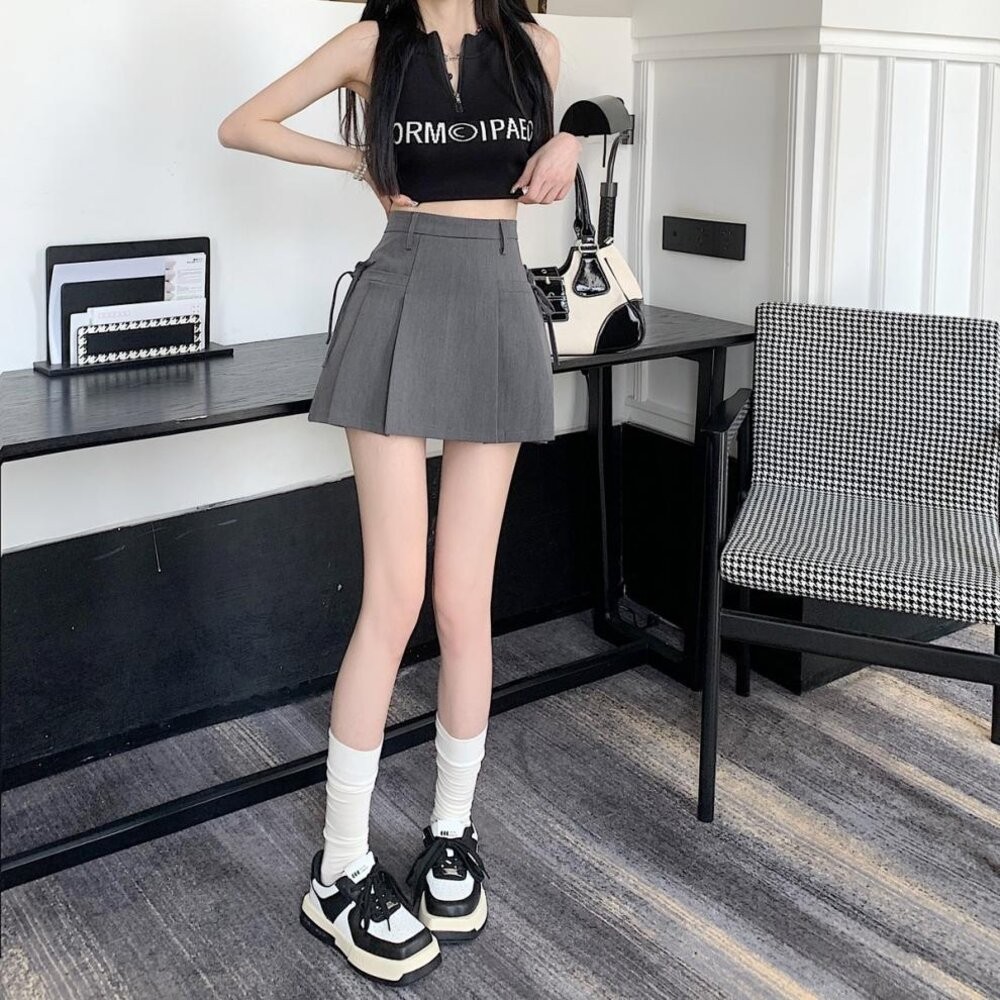 【台灣發貨】韓版高腰顯瘦灰色短裙 裙子 褲裙 長裙 女裝【P369】-細節圖9