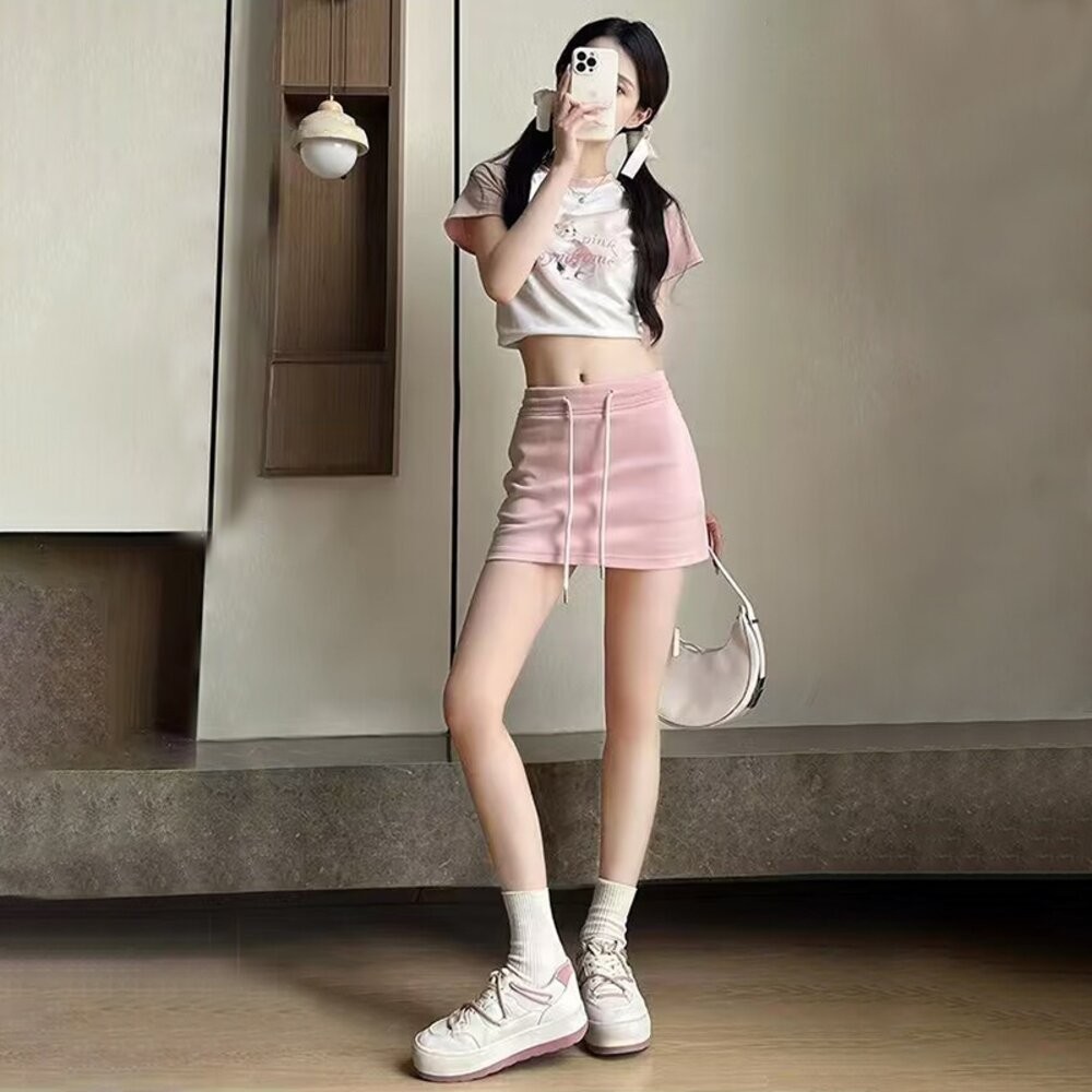 【台灣發貨】韓版高腰抽繩顯瘦半身裙 內有安全褲 裙子 褲裙 長裙 女裝【P329】-細節圖5