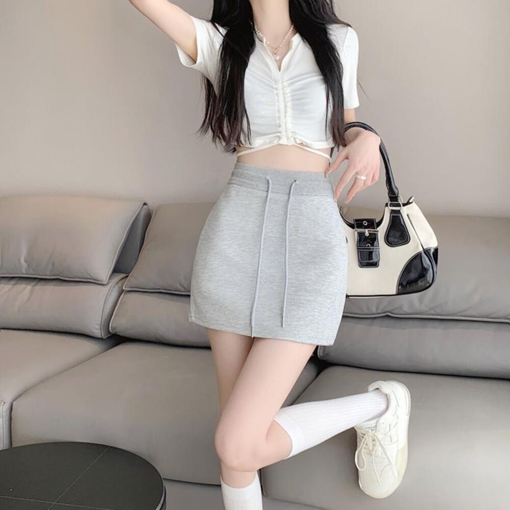 【台灣發貨】韓版高腰抽繩顯瘦半身裙 內有安全褲 裙子 褲裙 長裙 女裝【P329】-細節圖6
