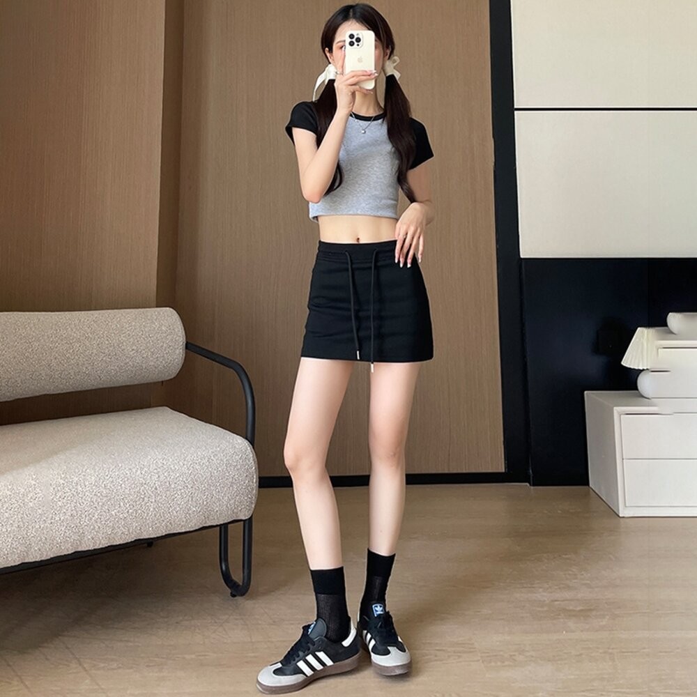 【台灣發貨】韓版高腰抽繩顯瘦半身裙 內有安全褲 裙子 褲裙 長裙 女裝【P329】-細節圖7