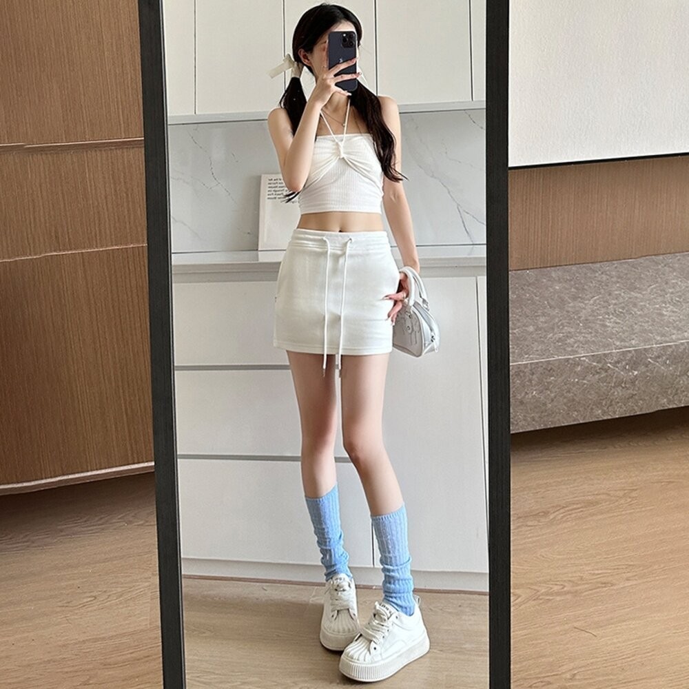 【台灣發貨】韓版高腰抽繩顯瘦半身裙 內有安全褲 裙子 褲裙 長裙 女裝【P329】-細節圖9