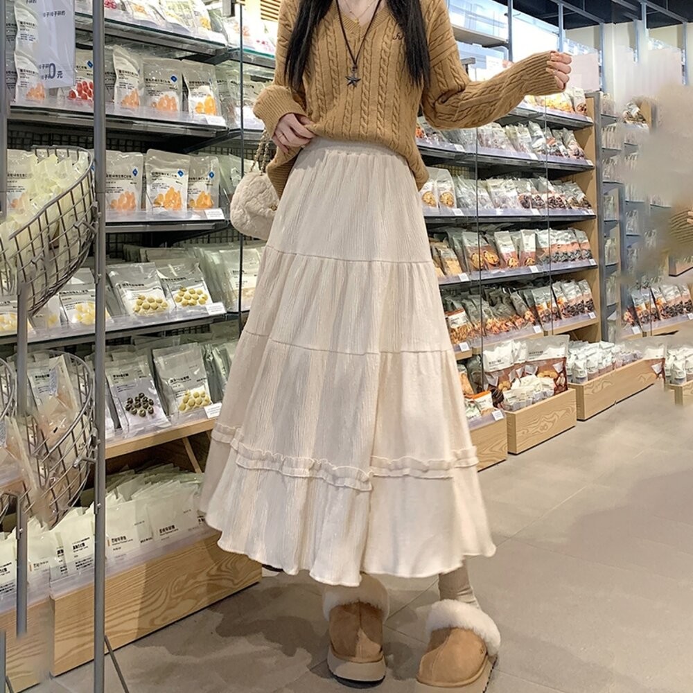 【台灣發貨】韓版花邊高腰顯瘦百褶半身裙 裙子 褲裙 長裙 女裝【P363】-細節圖2