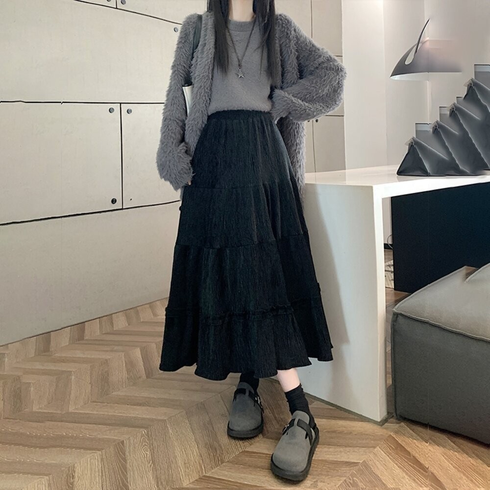 【台灣發貨】韓版花邊高腰顯瘦百褶半身裙 裙子 褲裙 長裙 女裝【P363】-細節圖3