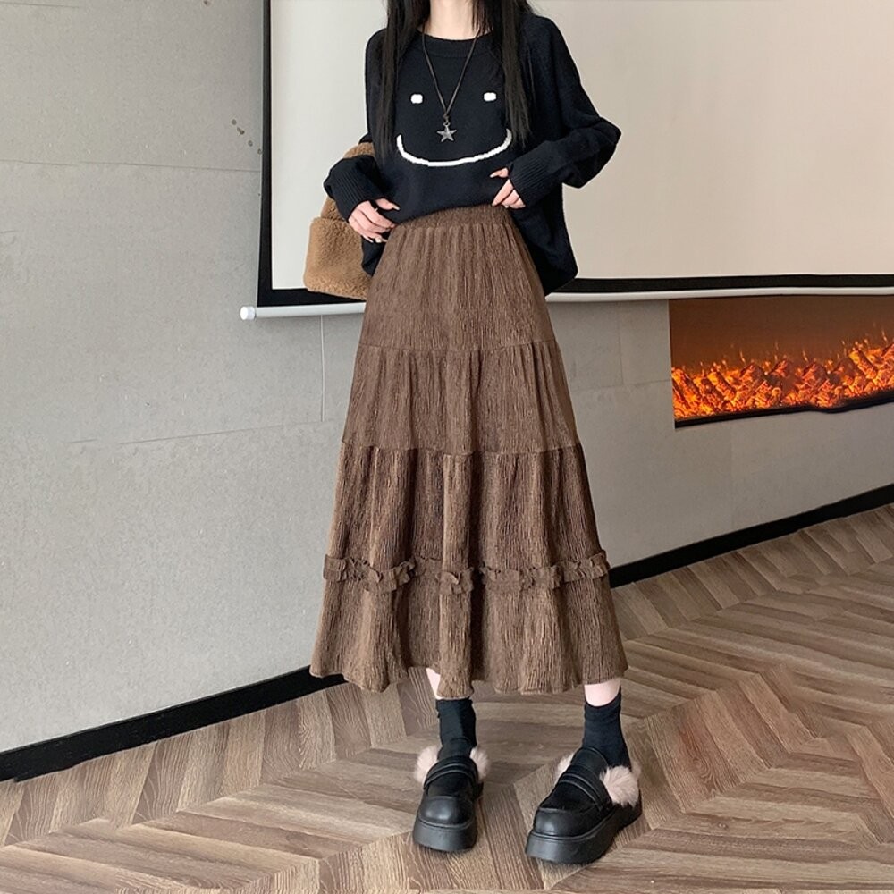 【台灣發貨】韓版花邊高腰顯瘦百褶半身裙 裙子 褲裙 長裙 女裝【P363】-細節圖4