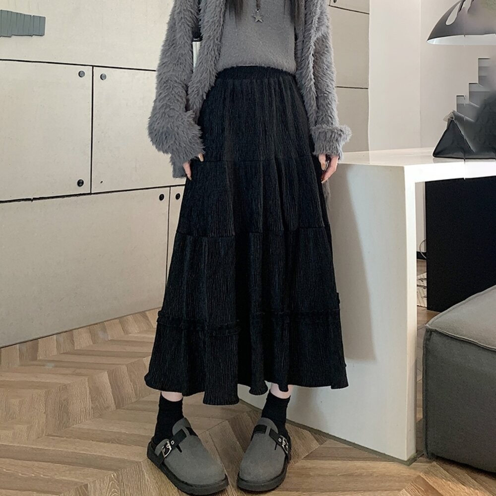 【台灣發貨】韓版花邊高腰顯瘦百褶半身裙 裙子 褲裙 長裙 女裝【P363】-細節圖5