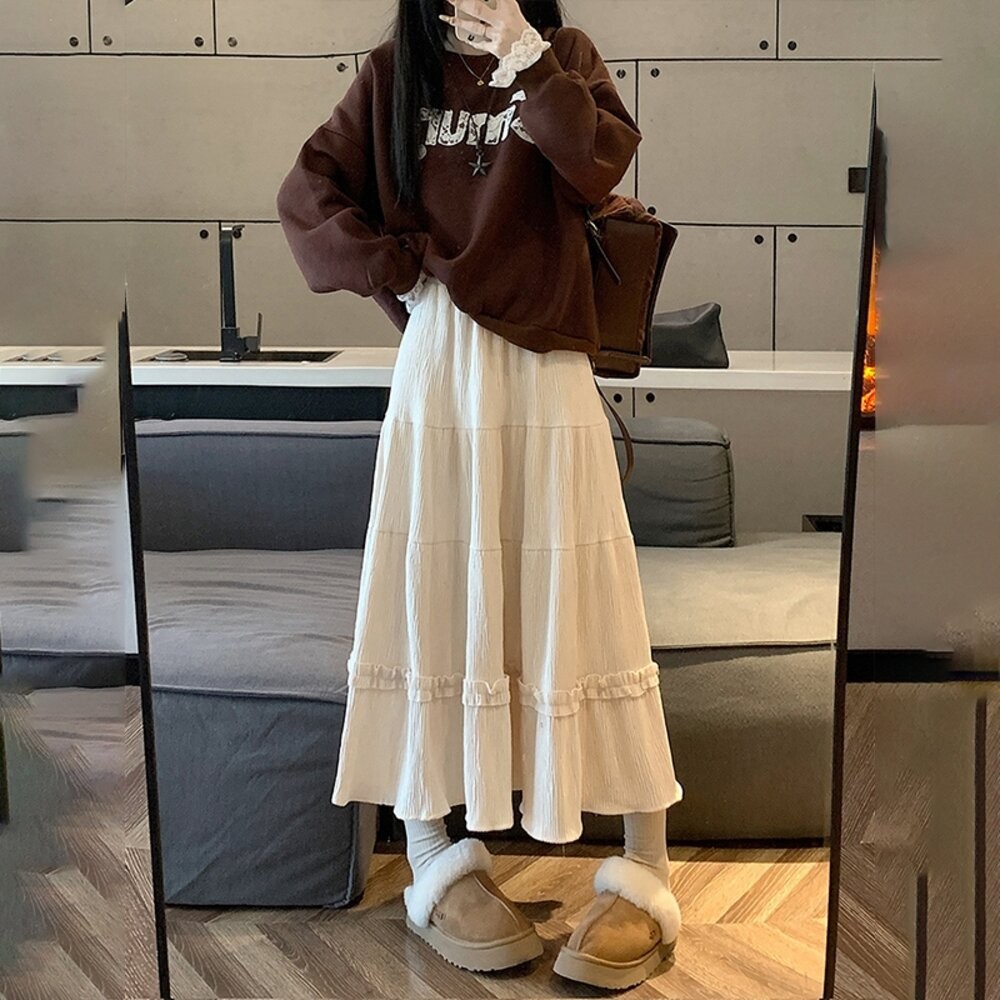 【台灣發貨】韓版花邊高腰顯瘦百褶半身裙 裙子 褲裙 長裙 女裝【P363】-細節圖6