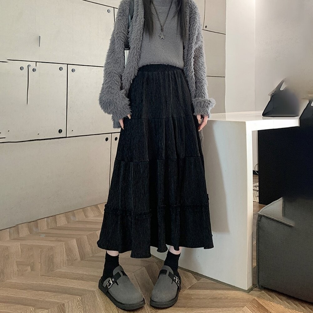 【台灣發貨】韓版花邊高腰顯瘦百褶半身裙 裙子 褲裙 長裙 女裝【P363】-細節圖7