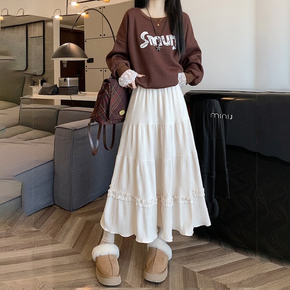 【台灣發貨】韓版花邊高腰顯瘦百褶半身裙 裙子 褲裙 長裙 女裝【P363】-細節圖8